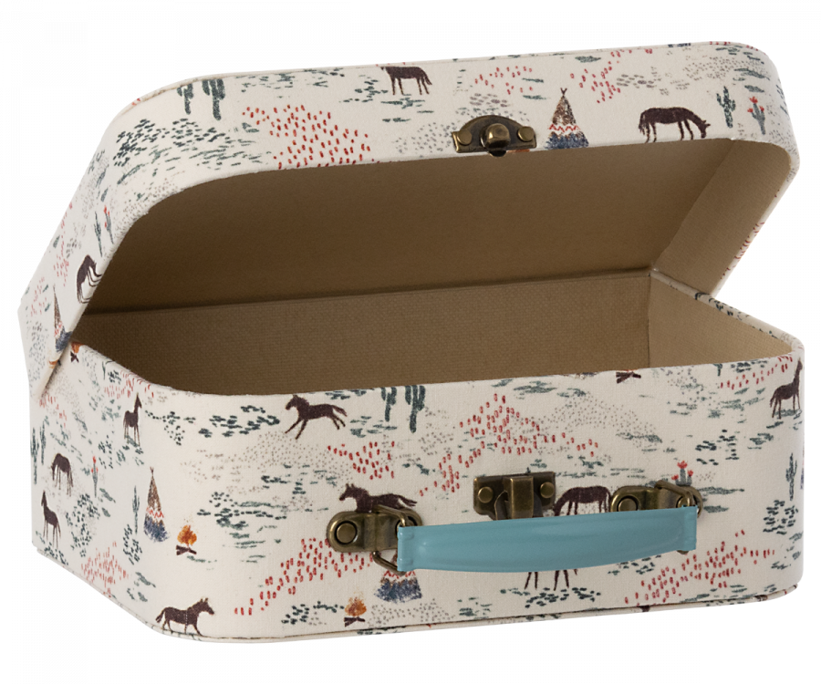 A decorative Maileg 2 Piece Suitcase Set with beautiful fabric animal prints and a teal handle, displayed open to show its brown interior.