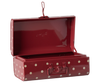 The Maileg Storage Suitcase - Red with Dots is a playful rectangular metal suitcase with white polka dots, an open lid, handle, and latch—ideal as a charming storage or decorative piece.