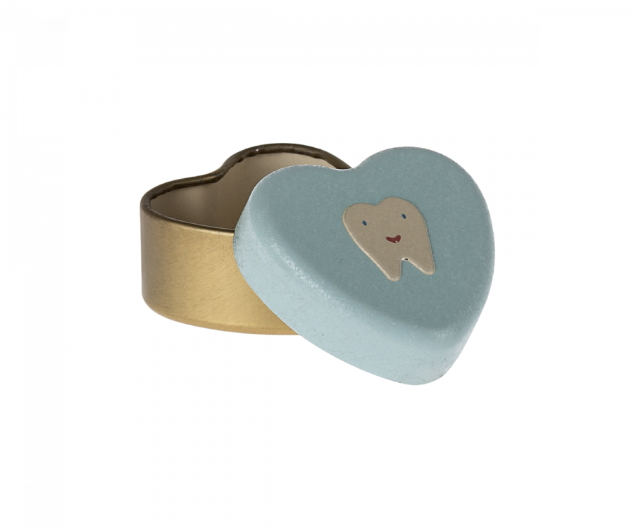 A Maileg Tooth Box with a gold base and a removable blue lid features an illustration of a smiling tooth. The lid is slightly ajar, revealing the empty golden interior, perfect for holding small baby teeth and cherishing childhood memories.