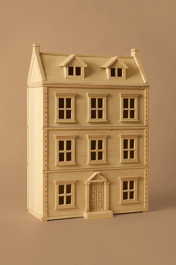 The Grand Victorian Dollhouse is a wooden, four-floor house with a charming attic, multiple windows, and a central front door, shown against a plain beige background.