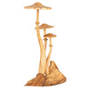 Discover the Small Wooden Mushroom Trio—a decorative display featuring three wooden mushrooms with tall stems and wide caps, each mounted on a natural wood base. This unique driftwood figurine beautifully enhances your home décor.