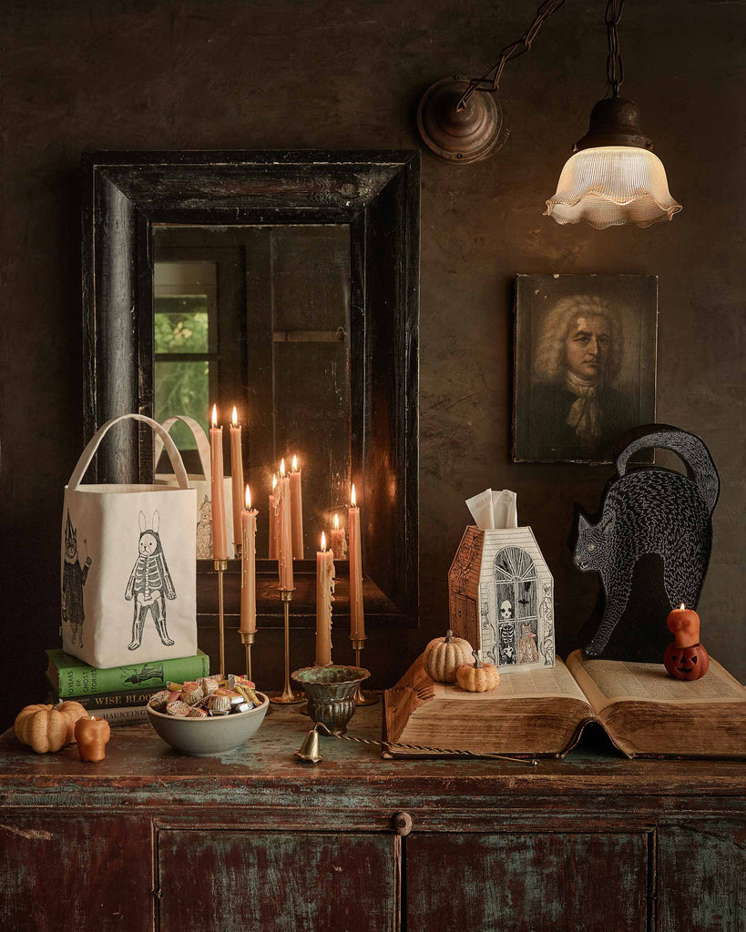 A rustic table features Halloween décor, candles, mini pumpkins, books, snacks, and a Coral & Tusk Haunted House Tissue Box Cover. A painting and mirror hang above; warm lighting adds cozy, vintage charm.