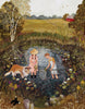 A girl in a sun hat and a boy using a net stand in a lily pad-filled pond with a collie dog in the Dog Days Mini - 100 Piece Mini Puzzle by Loré Pemberton.