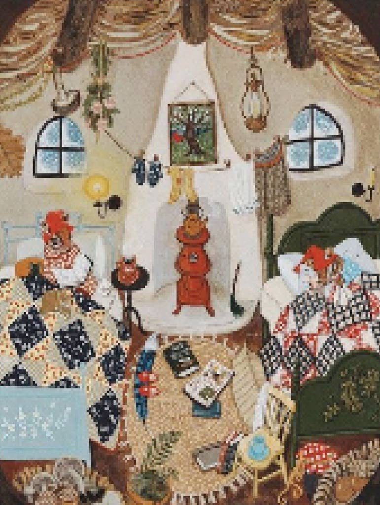 A cozy, rustic bedroom with two people in separate beds, patchwork quilts, a red stove, and a cat—Stay Cozy - 1000 Piece Jigsaw Puzzle is the perfect holiday gift for those who love cozy jigsaws.