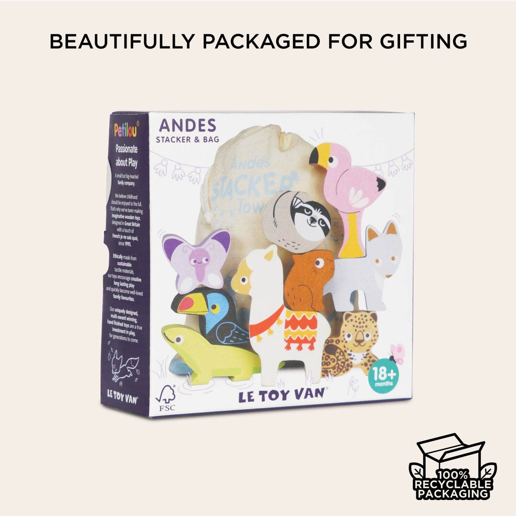 The Andes Stacking Animals & Bag set from Le Toy Van features colorful wooden animal blocks for sensory play. Suitable for ages 18 months+, the 100% recyclable packaging makes it a beautiful, eco-friendly gift.