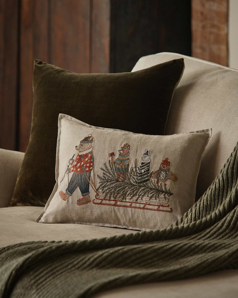 A beige couch features a dark green pillow, green knitted throw, and Coral & Tusk Christmas Tree Sled Pillow with embroidered animals in winter clothes riding a sled, placed in front of the larger pillow.