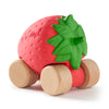 Sweetie The Strawberry Baby Car is an eco-friendly baby toy shaped like a red strawberry with green leaves, set on four light wooden wheels—perfect for little ones to enjoy.