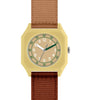 The Mini Kyomo Watch - Cherry Bomb is a square yellow kids’ watch with a beige face, green numbers and hands, and a brown fabric strap. The time shows about 1:10, with the second hand at 33 seconds—ideal for learning to tell time.
