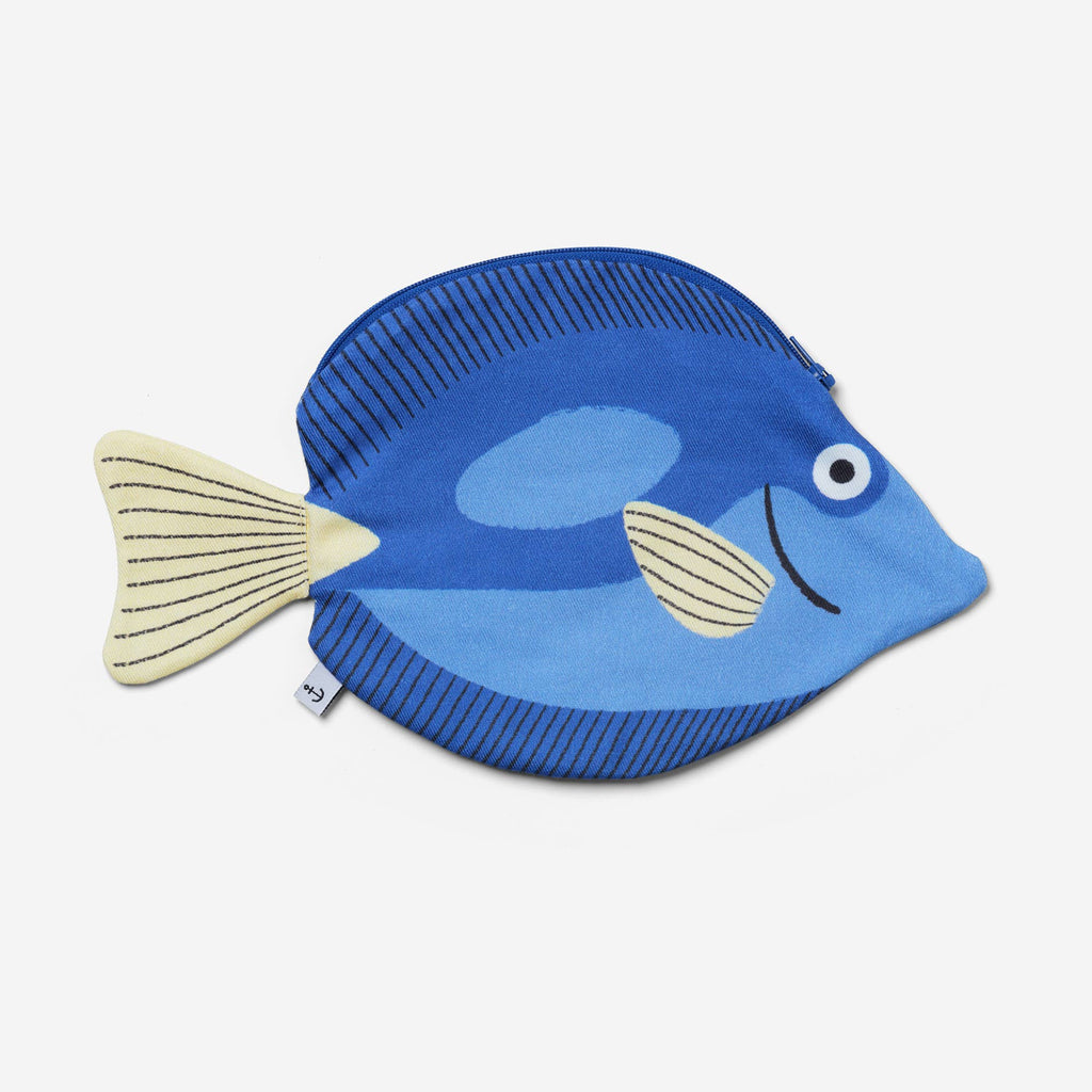 The Surgeon Fish Pencil Case is a blue marine pouch with a zipper, featuring a cartoon fish design with yellow tail and fins, displayed flat on a white background.