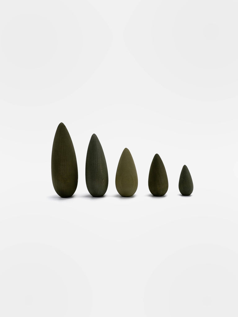 Five teardrop-shaped, dark green objects from the "Handmade Wooden Bush Set," varying in size, are charmingly aligned in a row against a light gray background, decreasing in size from left to right.