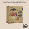 The London Toy Car Set comes in a cardboard box decorated with London vehicles and features the text "Beautifully packaged for gifting" above and "100% recyclable packaging" below—a perfect plastic-free wooden toy car set.