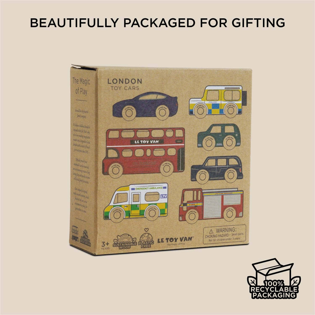 The London Toy Car Set comes in a cardboard box decorated with London vehicles and features the text "Beautifully packaged for gifting" above and "100% recyclable packaging" below—a perfect plastic-free wooden toy car set.