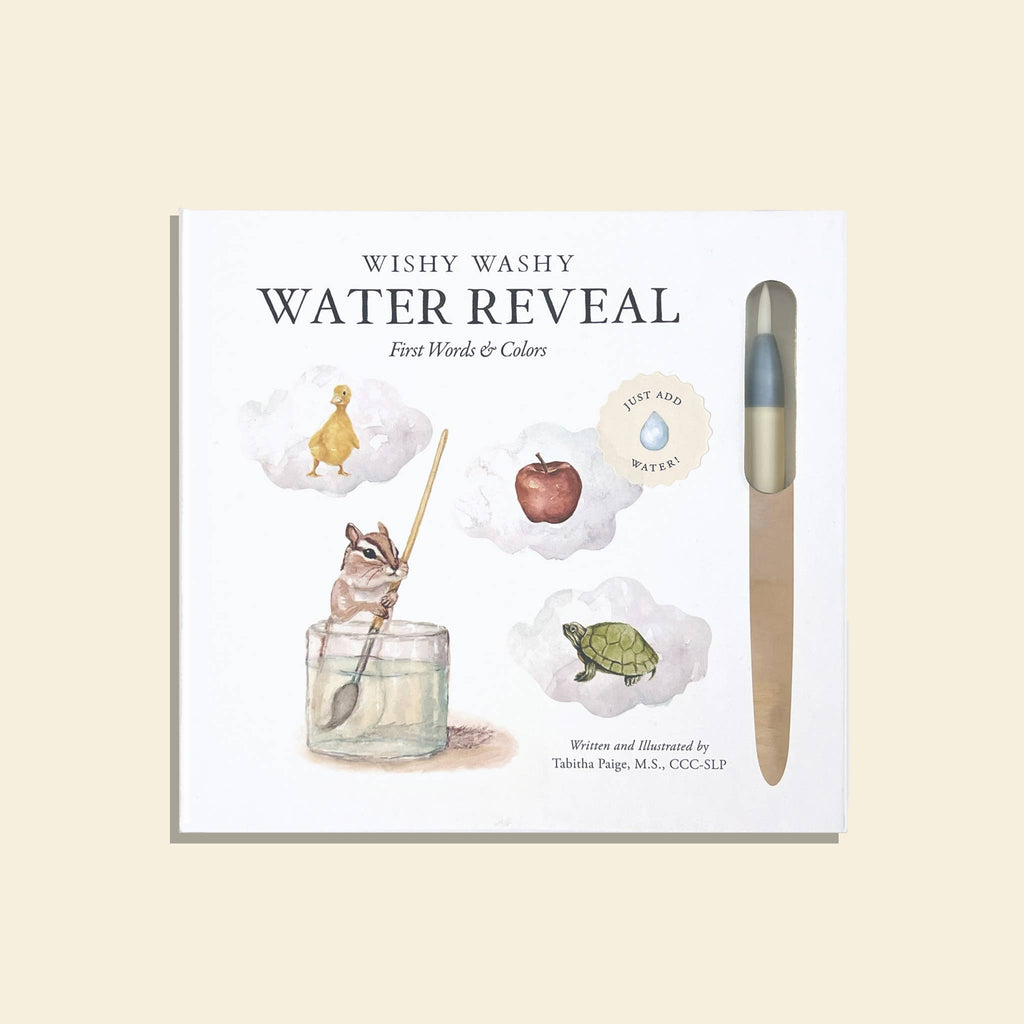 The image shows the cover of "Wishy Washy (Water Reveal Edition)," a reusable water reveal book with soft watercolor illustrations—ideal for toddlers as an early learning gift or travel activity.