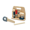 Introducing the Handy Carpenter Tool Set: a wooden tool set for kids with a saw, claw hammer, screwdriver, and ruler. Neatly organized on a compact toolbox stand in natural wood tones with gray and blue accents. Perfect for budding builders!.