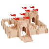 The Holztiger Knight's Castle is a handcrafted European wooden playset with battlements, arches, a drawbridge, and red flags. Made from light-colored sustainable wood, it assembles in a square layout for imaginative play.