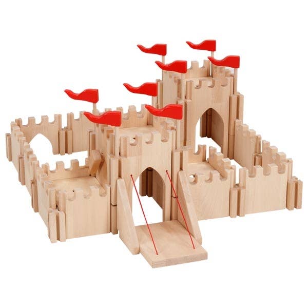 The Holztiger Knight's Castle is a handcrafted European wooden playset with battlements, arches, a drawbridge, and red flags. Made from light-colored sustainable wood, it assembles in a square layout for imaginative play.