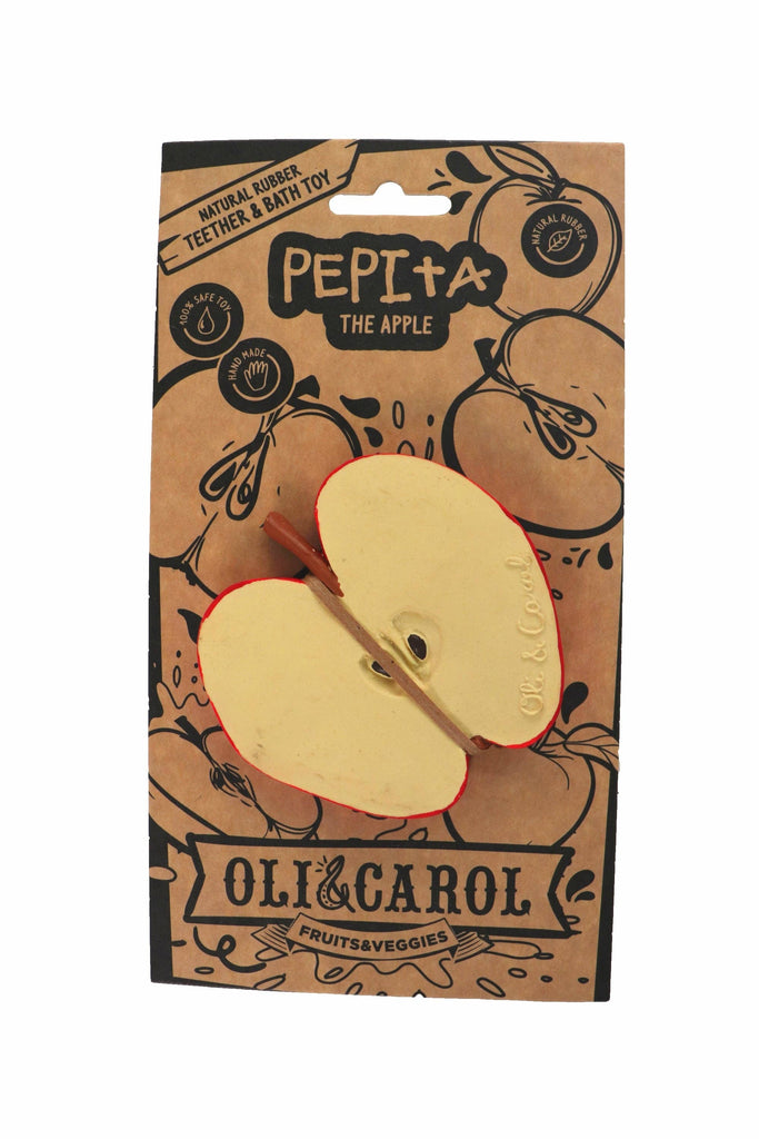 Pepita the Apple Teething Toy: a natural rubber baby teether and bath toy shaped like two apple halves, packaged on illustrated brown cardboard—ideal for sensory play.