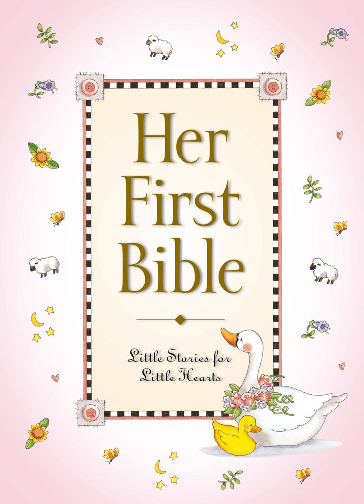 A pink "Her First Bible" cover features a white goose, yellow ducklings, flowers, lambs, hearts, butterflies, and crescent moons—an adorable choice for a little girl.