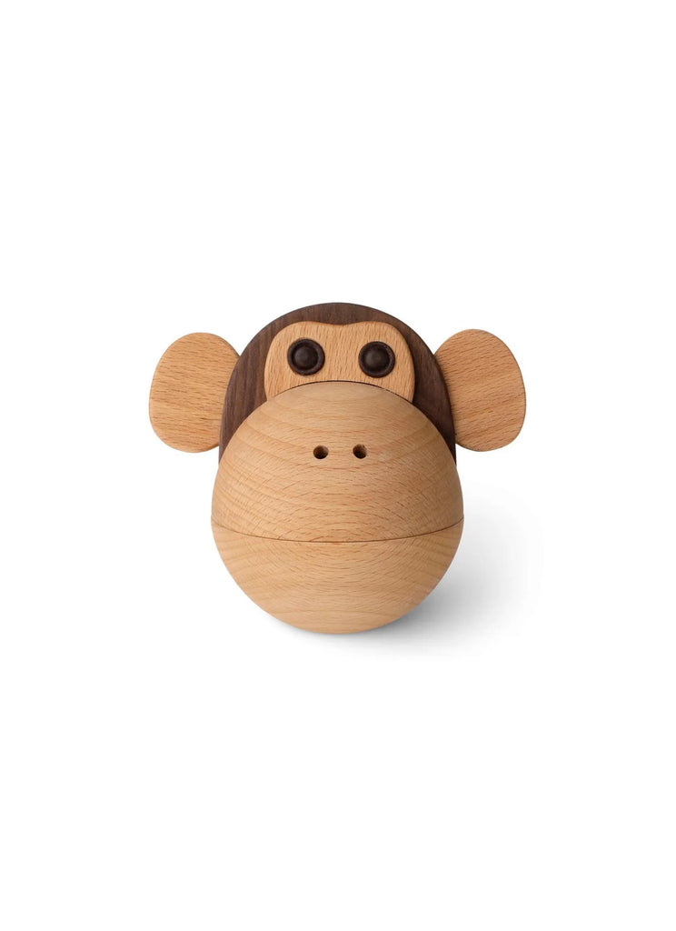 A Spring Copenhagen The Monkey Bowl designed by Mencke&Vagnby with a round head, prominent eyes, and large ears, isolated on a white background.
