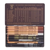 The Lyra Rembrandt Fine Art Special Pencils set includes 12 assorted dry and oil pencils in a metal tin. The inside lid lists pencil names, numbers, and properties in multiple languages.