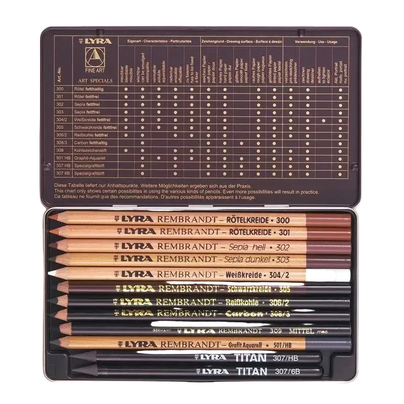 The Lyra Rembrandt Fine Art Special Pencils set includes 12 assorted dry and oil pencils in a metal tin. The inside lid lists pencil names, numbers, and properties in multiple languages.
