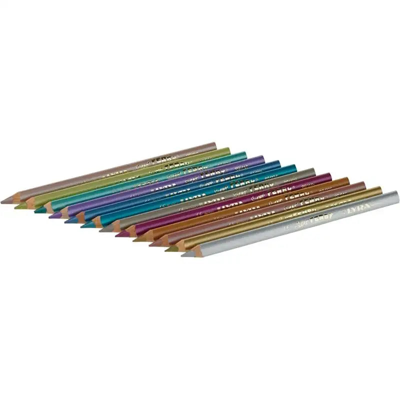 A set of 12 Lyra Pencils Super Ferby Lacquered Triangular in assorted metallic colors is arranged diagonally, each featuring a different shade and break-resistant, sharpened tips pointing to the left.