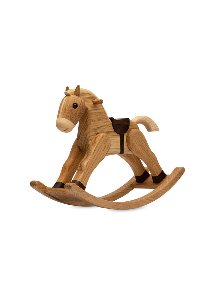 A Spring Copenhagen The Rocking Horse with a light brown and tan body, dark brown hooves, and a friendly face, isolated on a white background.
