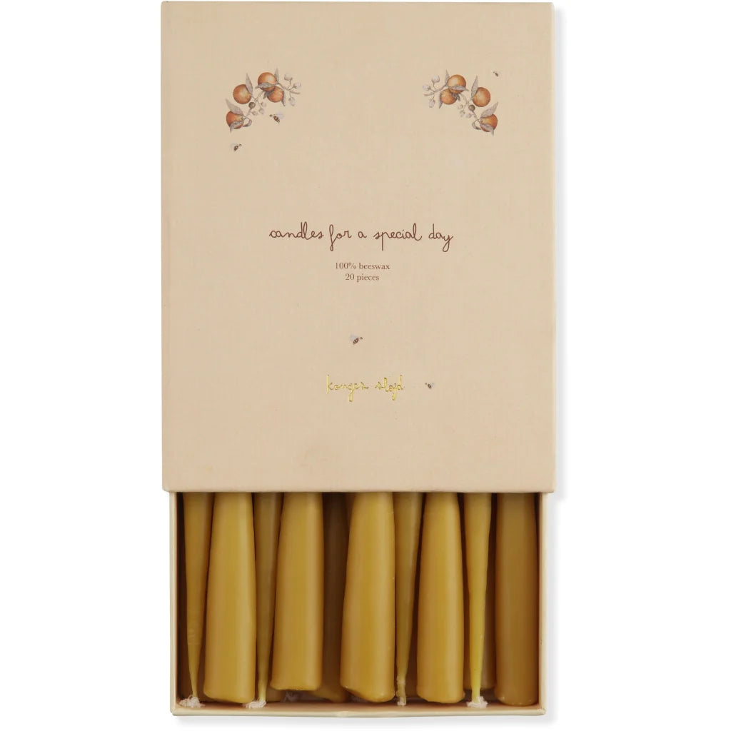 An elegant beige box of Dinosaur Birthday Train With Beeswax Candles with the cover partially open, displaying rows of pale yellow candles. The text on the box reads "Candles for a Special Day." Decorative dinosaur illustrations surround the.