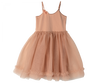 A Maileg Princess Tulle Dress - Melon with thin spaghetti straps, a fitted bodice, and a frilly tulle skirt. The dress has a flower embellishment on the left strap and ruffled detailing at the hem, crafted from soft materials. Perfect for your Magical Wardrobe, it exudes a fairytale dream elegance.