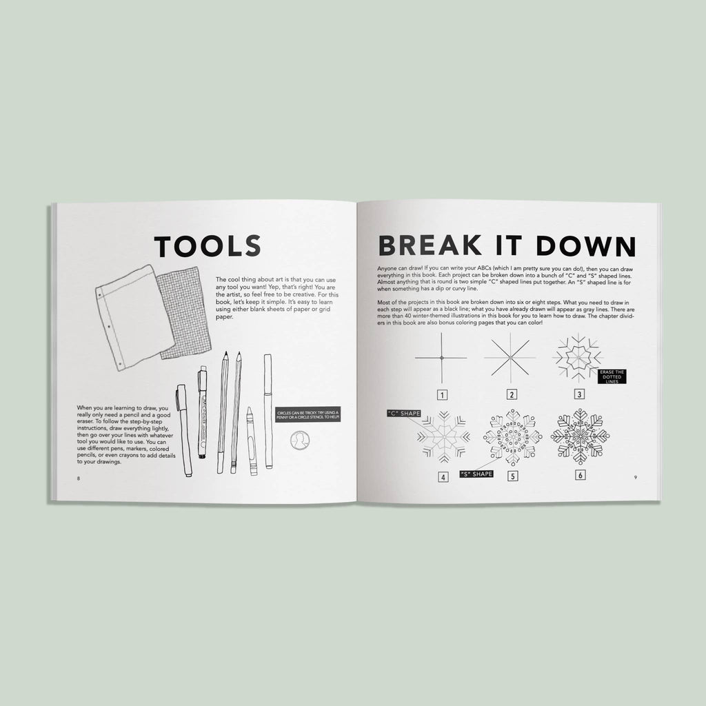 Winter Things: How to Draw Books for Kids features a "TOOLS" section with illustrated drawing tools and a "BREAK IT DOWN" section showing step-by-step snowflake diagrams—great for kids’ winter drawing lessons.