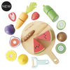 Introducing the Wooden Chopping Board & Sliceable Play Food set, a vibrant collection of wooden toy fruits and vegetables including watermelon, carrot, and lemon. This charming set comes with a toy knife perfect for role play, offering both entertainment and a chance to enhance children's fine motor skills.