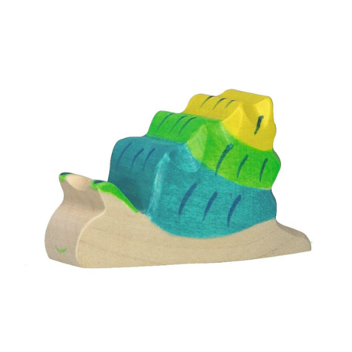 The Holztiger Snail is a handcrafted wooden toy with yellow, green, and blue layers on a natural wood base, resembling a stylized hill. Made in Europe, it pairs perfectly with other HOLZTIGER figures for creative play.