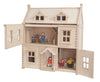 The PlanToys Victorian Dollhouse, crafted sustainably with two floors and open front panels, includes three small rooms furnished with miniature pieces. Four wooden dolls symbolizing a family complete this charming home scene, creating an ideal playtime sanctuary.