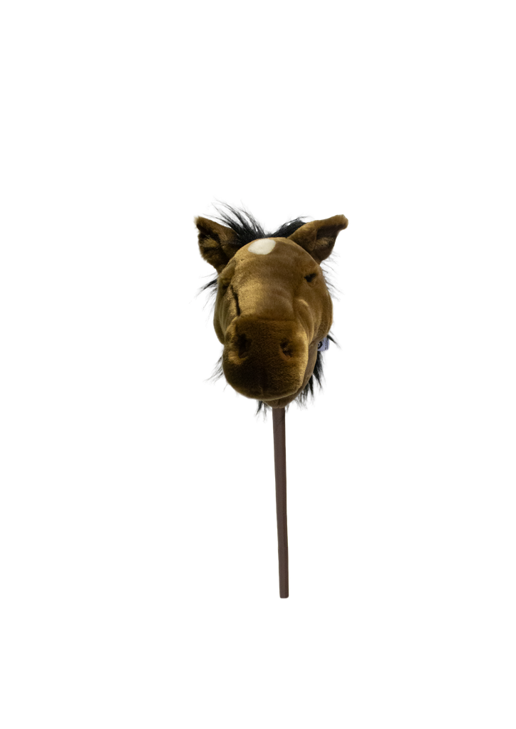 The Pretend Play Ride-On Horse, a plush brown stick horse inspired by classic children's toys, is centered against a plain white background—ideal for imaginative play.