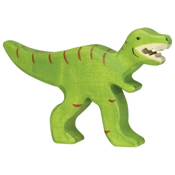 A green Holztiger Tyrannosaurus Rex Dinosaur with red stripes on its back and tail, handcrafted from wood. The dinosaur is walking on two legs with its mouth open, showing its white teeth. Made in Europe by HOLZTIGER figures, the toy has a simple, playful design and smooth edges.