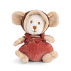 This cuddly stuffed animal, the Bukowski Ziggy Winston Monkey, features large beige ears, a striped shirt, a brown hood, and pink corduroy overalls while sitting upright against a white background.