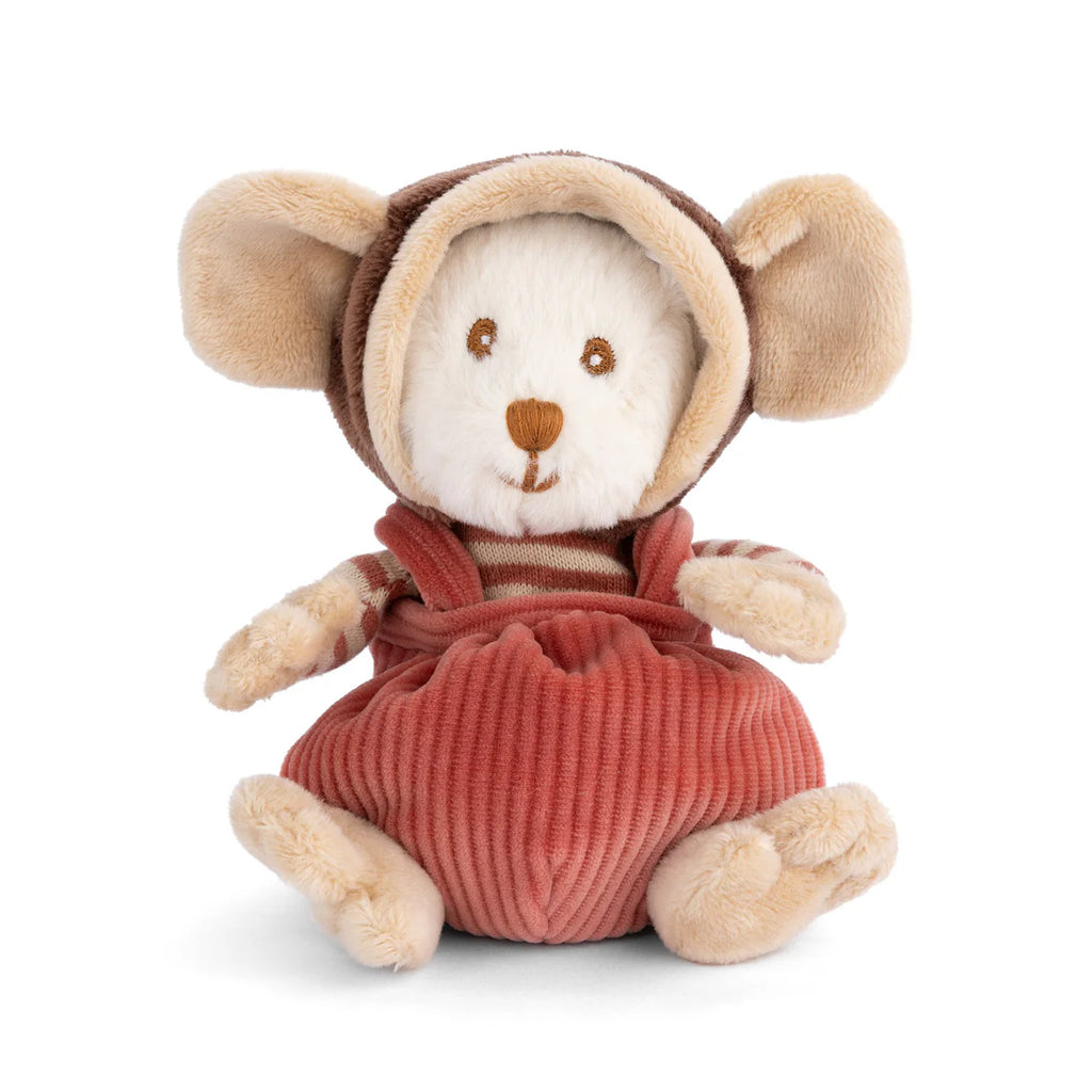 This cuddly stuffed animal, the Bukowski Ziggy Winston Monkey, features large beige ears, a striped shirt, a brown hood, and pink corduroy overalls while sitting upright against a white background.