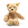 An 8" Steiff Baby Jimmy Teddy Bear in light brown plush, featuring a yellow Steiff Button in Ear tag, sits upright facing forward with a small black nose and dark eyes—an adorable baby toy perfect for cuddling.