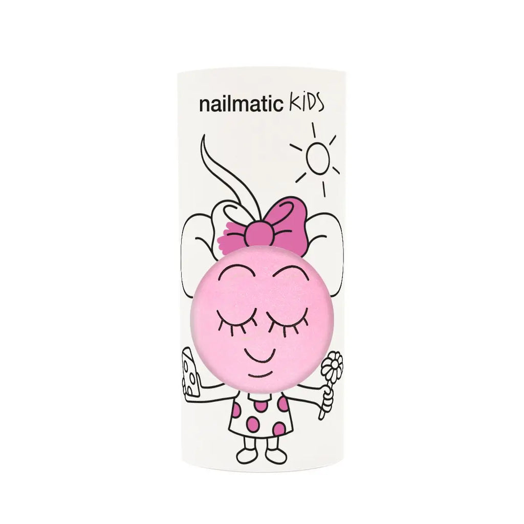 A container of Nailmatic Dolly kids nail polish featuring a cartoon character with a pink smiling face, a bow, and daisies, standing against a white background.