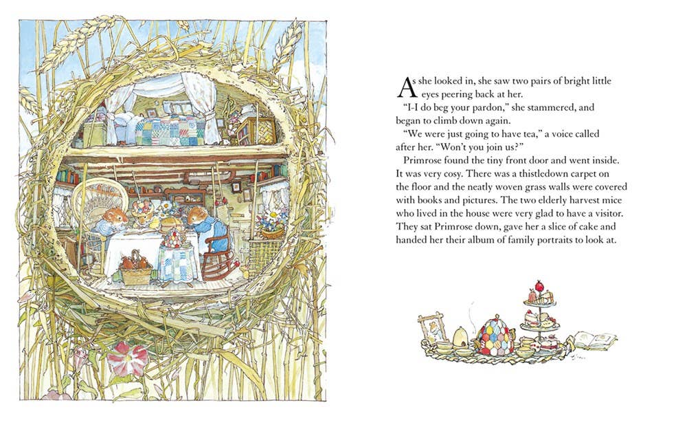 Illustration inspired by "Autumn Story: Jill Barklem" shows a cozy mice tea party in a circular straw nest, with books, autumn treats, and a small table on the right holding tea, cakes, a teapot, and storybook text.