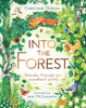 Book: Into The Forest features a vibrant cover with lush green foliage, squirrels, deer, birds, and butterflies encircling the title. Illustrated by Jane McGuinness and written by Christiane Dorion.