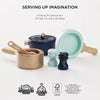 Pots & Pans Kitchen Accessories featuring a dark blue lidded pot, light blue pan, gold saucepan with a wooden spoon, and salt and pepper shakers, displayed with dimensions and sustainability labels.