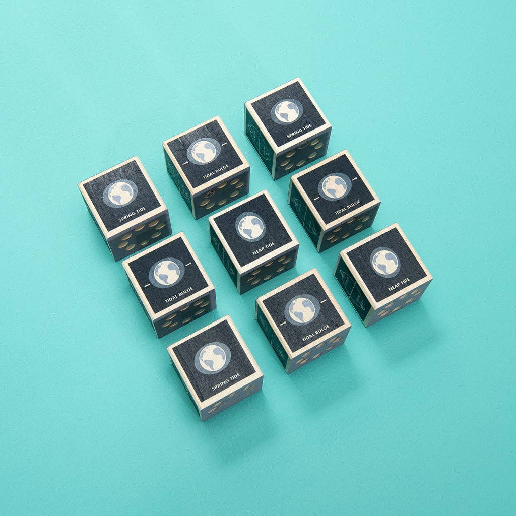 Ten Uncle Goose Moon Phase Blocks displaying a globe icon and the words "think twice" are arranged on a teal surface in a staggered, grid-like pattern, reminiscent of tools used to track the changing lunar eclipse and moon phases.