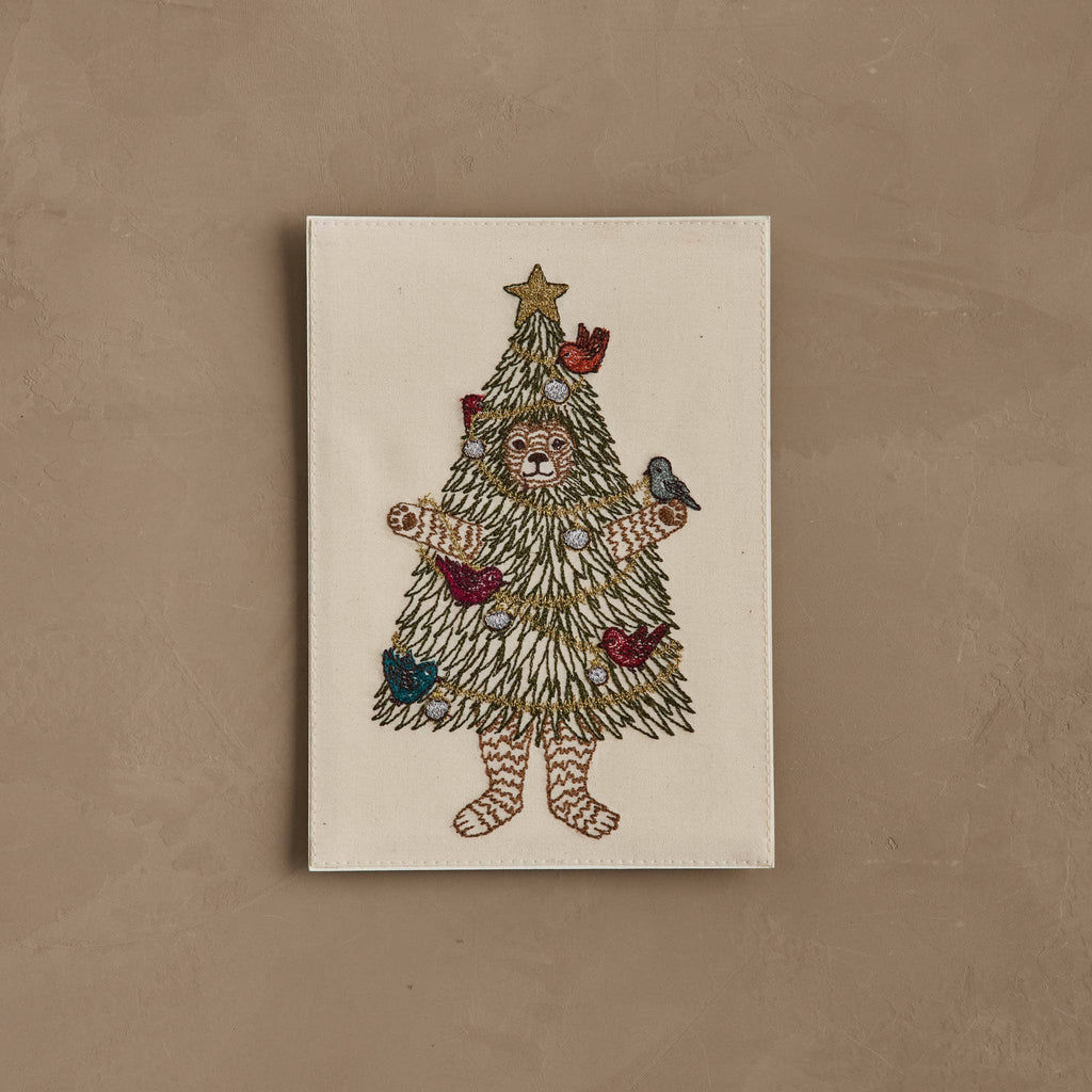 Coral & Tusk Christmas Tree Bear Card featuring an embroidered cotton bear wearing a Christmas tree costume decorated with ornaments, birds, and a gold star.