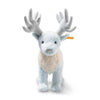 The Steiff Harry Potter "Patronus Stag" 7" is a soft, light blue plush with large gray antlers, cream chest fur, and a yellow ear tag—standing upright as the perfect magical protector for any fan.