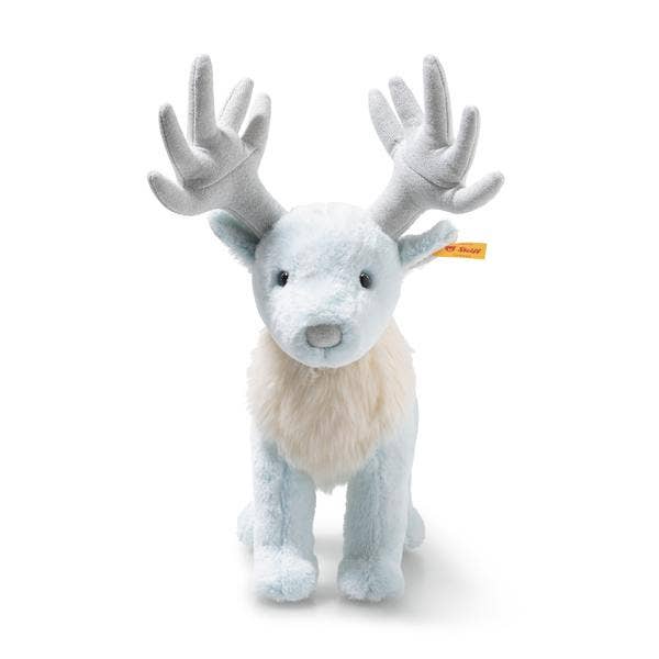 A plush toy from the Steiff x Harry Potter Set, featuring a light blue reindeer with soft gray antlers, a cream chest patch, and a yellow ear tag—ideal for collectors and fans of the collaboration.