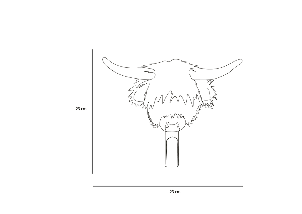 Line drawing of a Highland cow’s head with long horns and shaggy hair, centered in a 23 cm square. Simple black outline on white—ideal inspiration for the Coat Hanger - Highland Cow or a unique animal wall hook design.