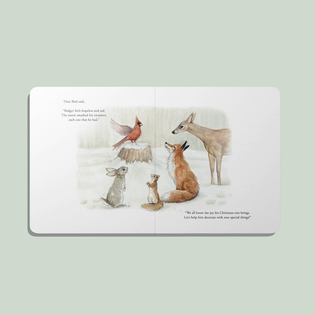 A spread from "Our Little Adventure at Christmas (Baby's first Christmas)" shows a bird, rabbit, squirrel, fox, and deer on snowy ground with text above and below—ideal for toddler vocabulary and holiday gifts.