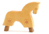 The Ostheimer Yellow Horse for Knight is a handcrafted light wooden toy that features minimalistic design and a smooth finish. It has two shield-like symbols engraved on its body and stands on four curved legs. Designed in a simple, blocky style with a short neck and tail, this horse is perfect for imaginative play.