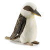 The Australian Kookaburra Bird Stuffed Animal features brown wings, a white belly, and a large beak. This handcrafted plush sits upright on a white background and is part of HANSA’s realistic stuffed animals collection.